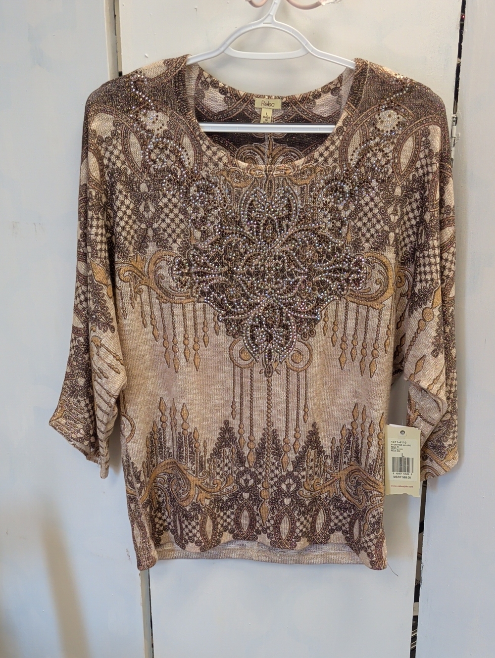 Reba Beige and Brown Embellished Scoop-Neck Tunic